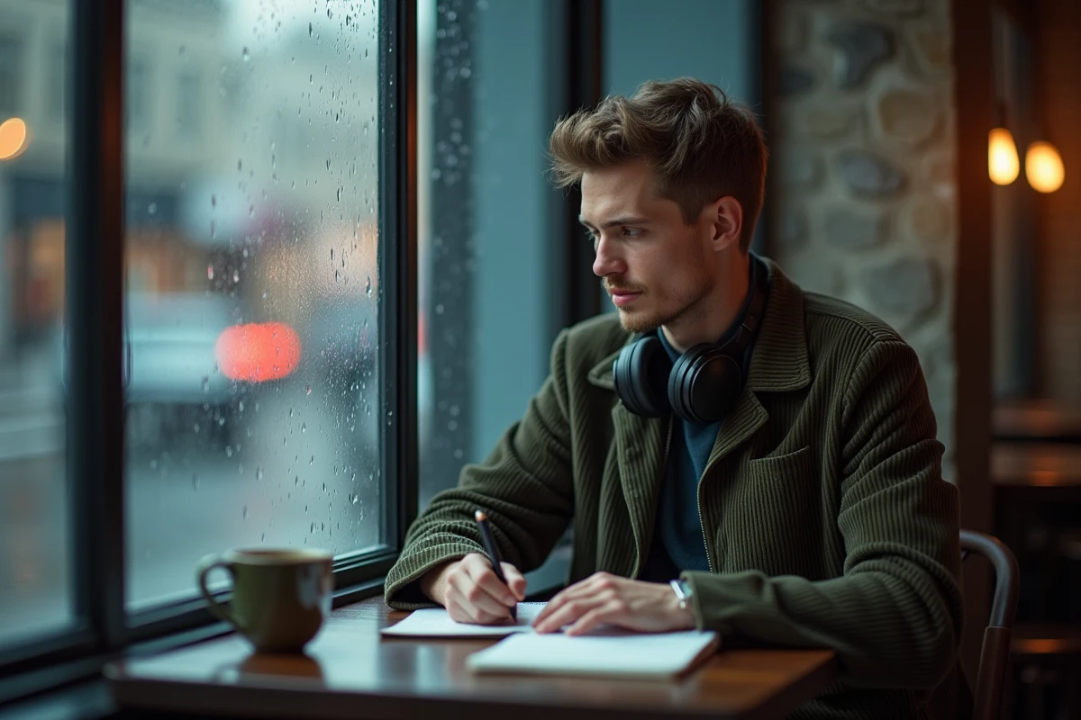 Jeune homme pensif dans un café pluvieux portant un casque audio autour du cou et écrivant dans un journal, évoquant les citations musicales sur l'amitié et la nostalgie