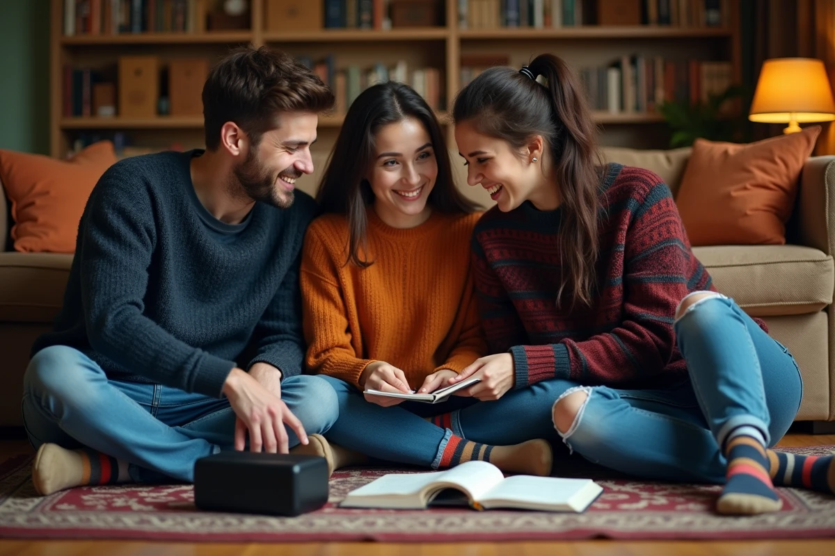 Trois amis assis sur le sol d'un salon chaleureux autour d'une enceinte Bluetooth et d'un carnet de paroles de chansons, symbolisant le lien musical entre amis