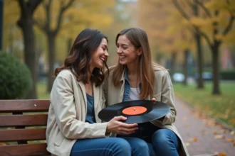 Deux amies riant ensemble sur un banc de parc en automne, tenant un vinyle vintage, illustrant l'amitié et la musique partagée