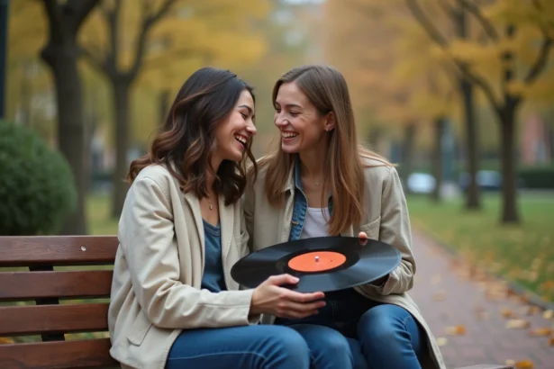 Deux amies riant ensemble sur un banc de parc en automne, tenant un vinyle vintage, illustrant l'amitié et la musique partagée