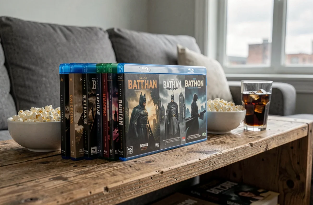 Collection de films Batman en Blu-ray rangés dans l'ordre chronologique de visionnage sur une étagère en bois