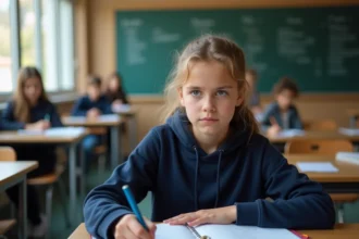 Collégienne révisant la conjugaison française dans une salle de classe pour préparer le brevet