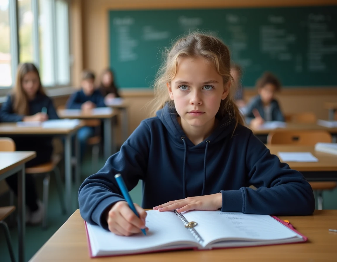 Collégienne révisant la conjugaison française dans une salle de classe pour préparer le brevet