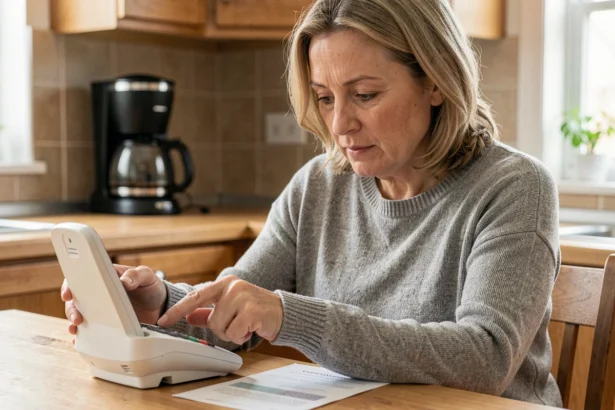 Femme configurant le numéro répondeur Free fixe sur un combiné DECT dans une cuisine