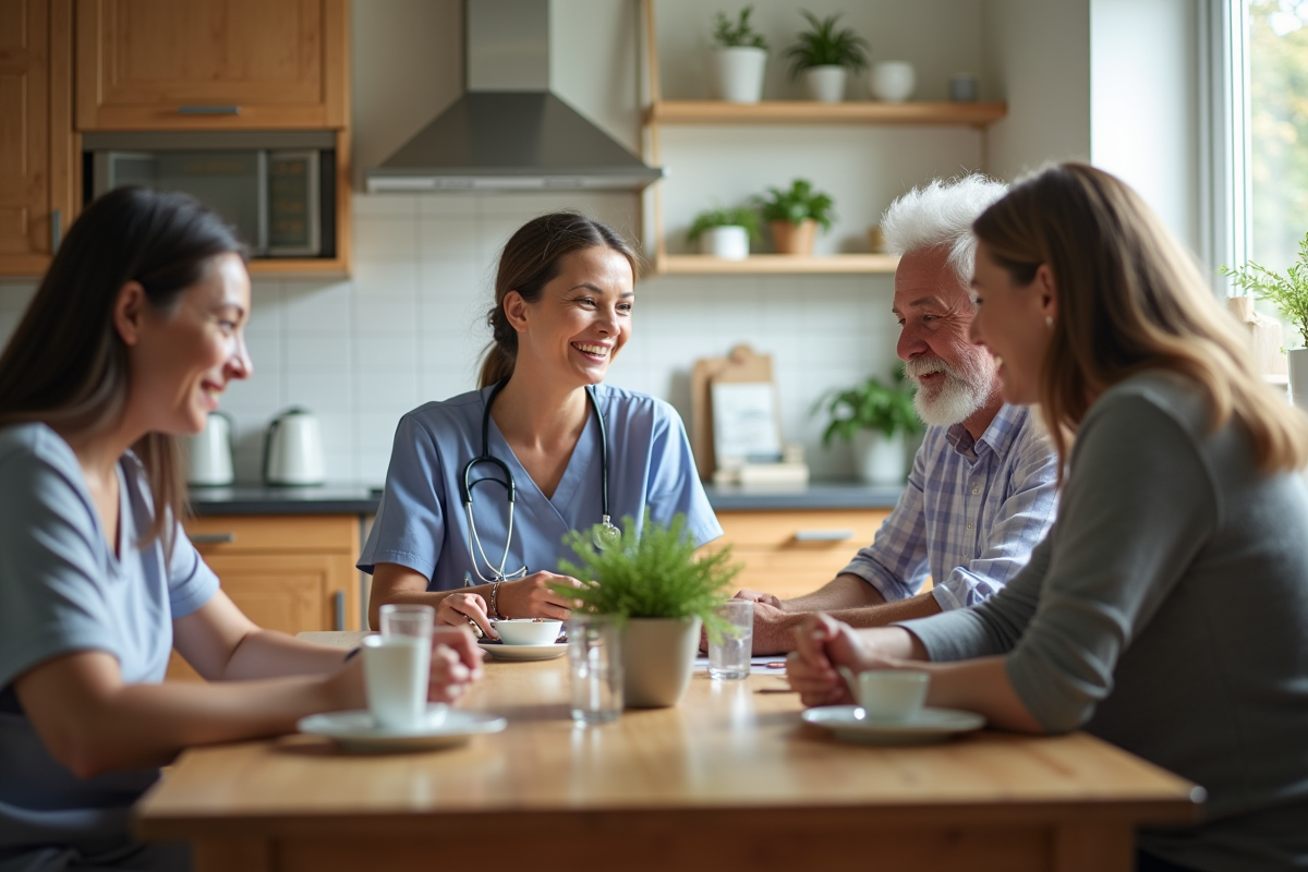 Discussion engagée entre un travailleur social et des parents à la cuisine en pleine lumière naturelle