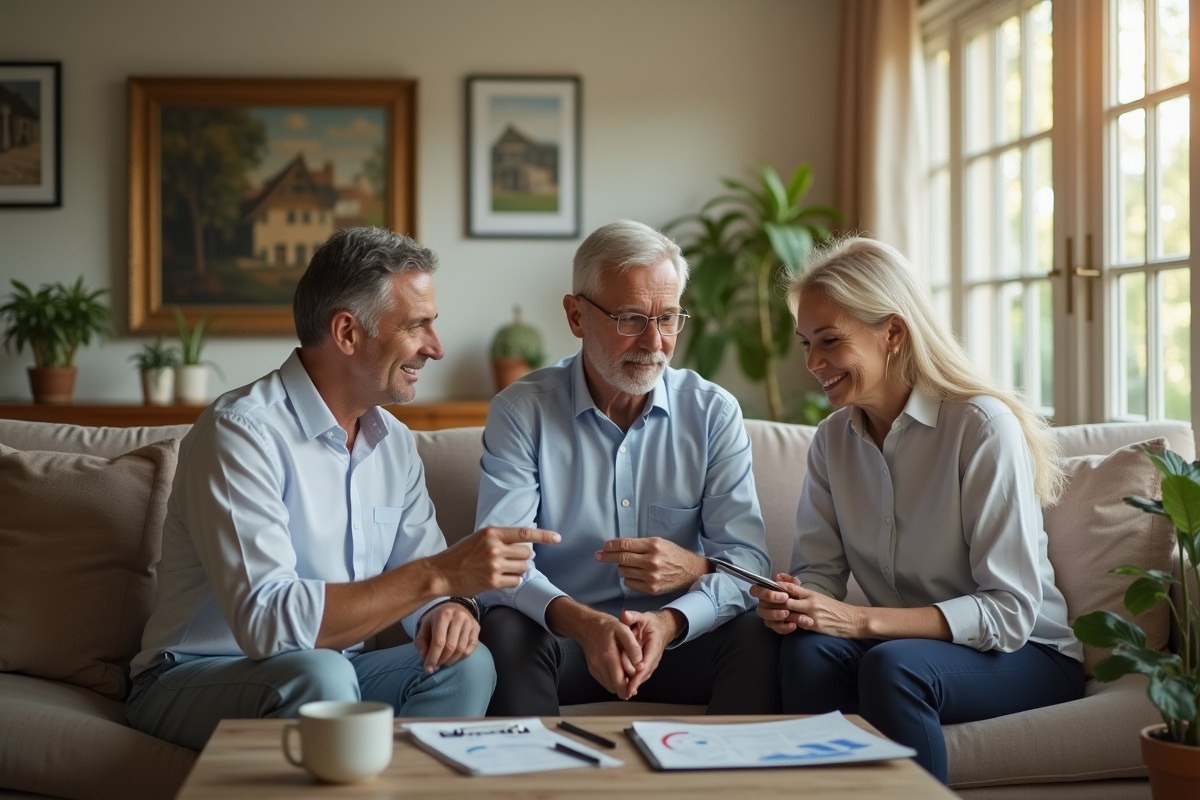 Couple discutant avec conseiller en immobilier chez eux