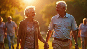 Couple âgé souriant lors d'une fête dans le jardin