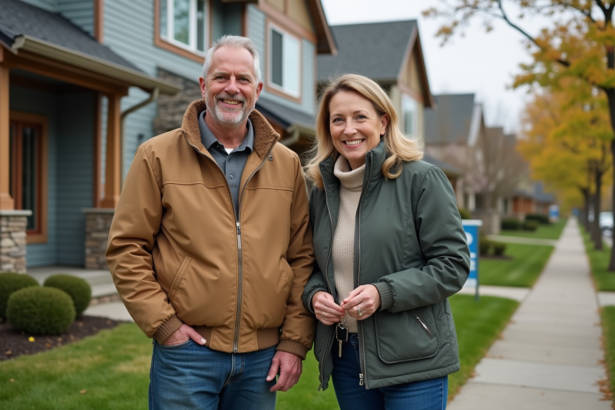Couple souriant devant une maison avec panneau a vendre