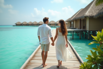 Couple heureux sur un pont en bois face à la mer turquoise