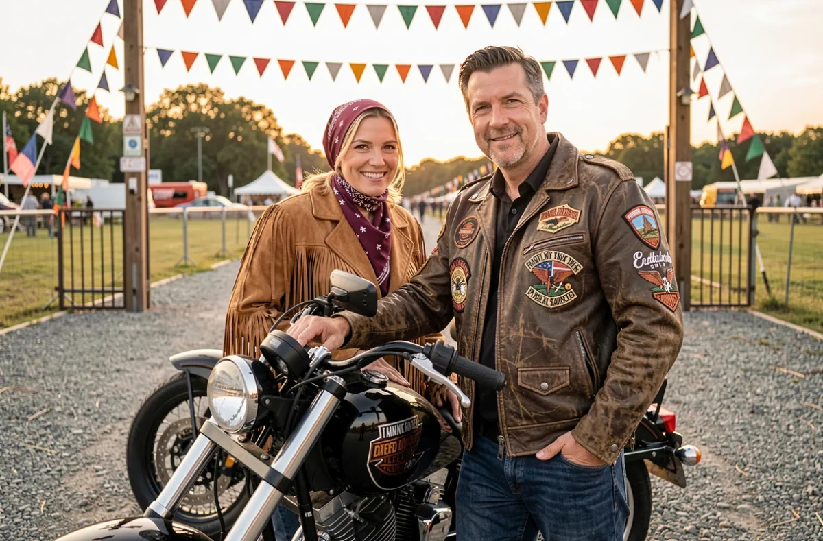 Couple en tenue biker américaine coordonnée devant une Harley-Davidson au festival Luynes