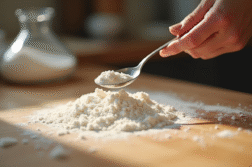 Main saupoudrant de la farine sur une table en bois pour la pâtisserie