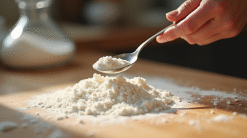 Main saupoudrant de la farine sur une table en bois pour la pâtisserie