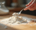 Main saupoudrant de la farine sur une table en bois pour la pâtisserie