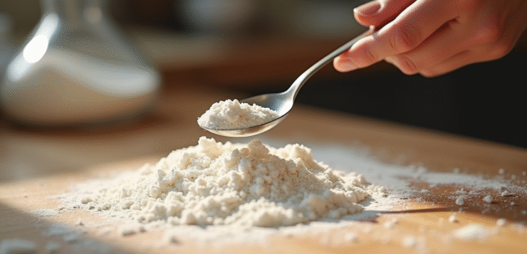 Main saupoudrant de la farine sur une table en bois pour la pâtisserie