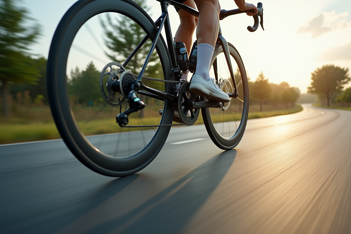 Cycliste roulant rapidement avec roues en rotation sur la route