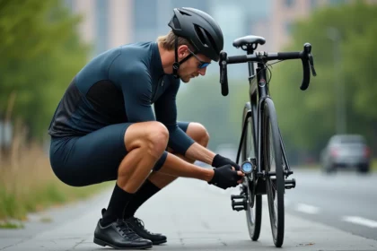 Homme cycliste vérifiant la pression de son pneu de route