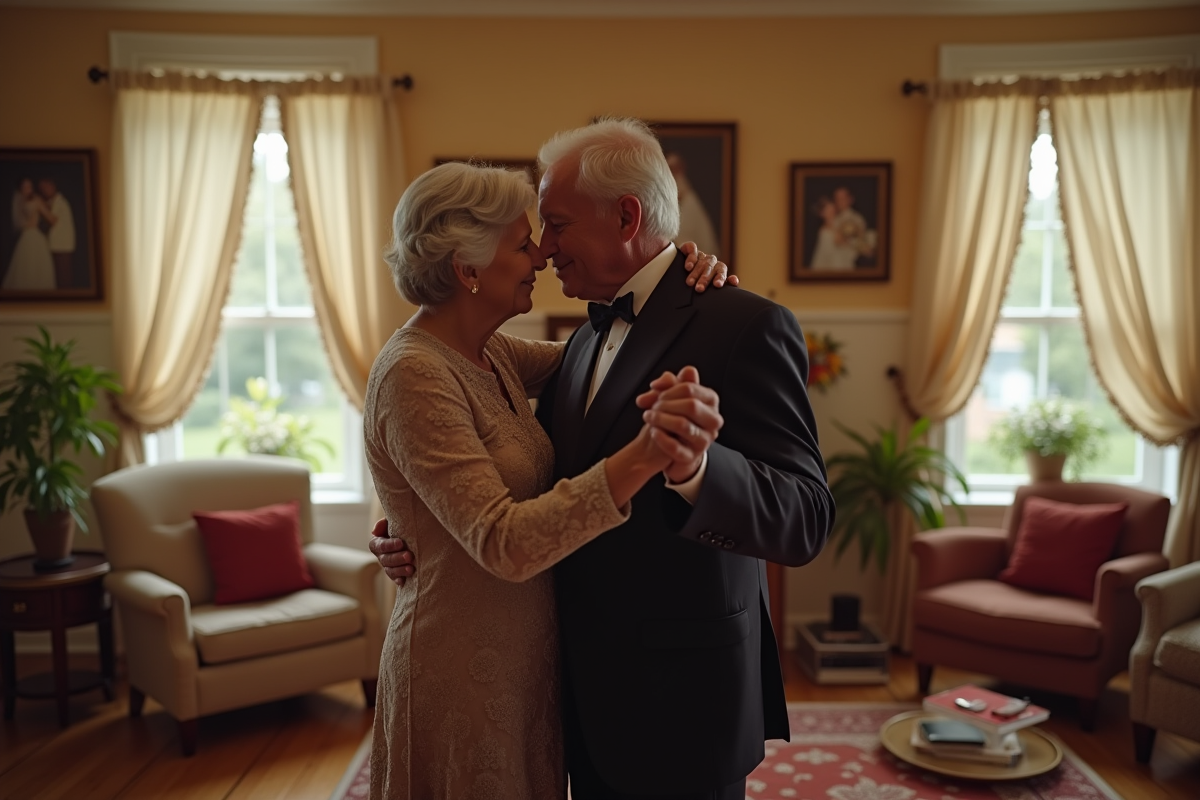 Couple âgé dansant dans un salon décoré avec photos de mariage