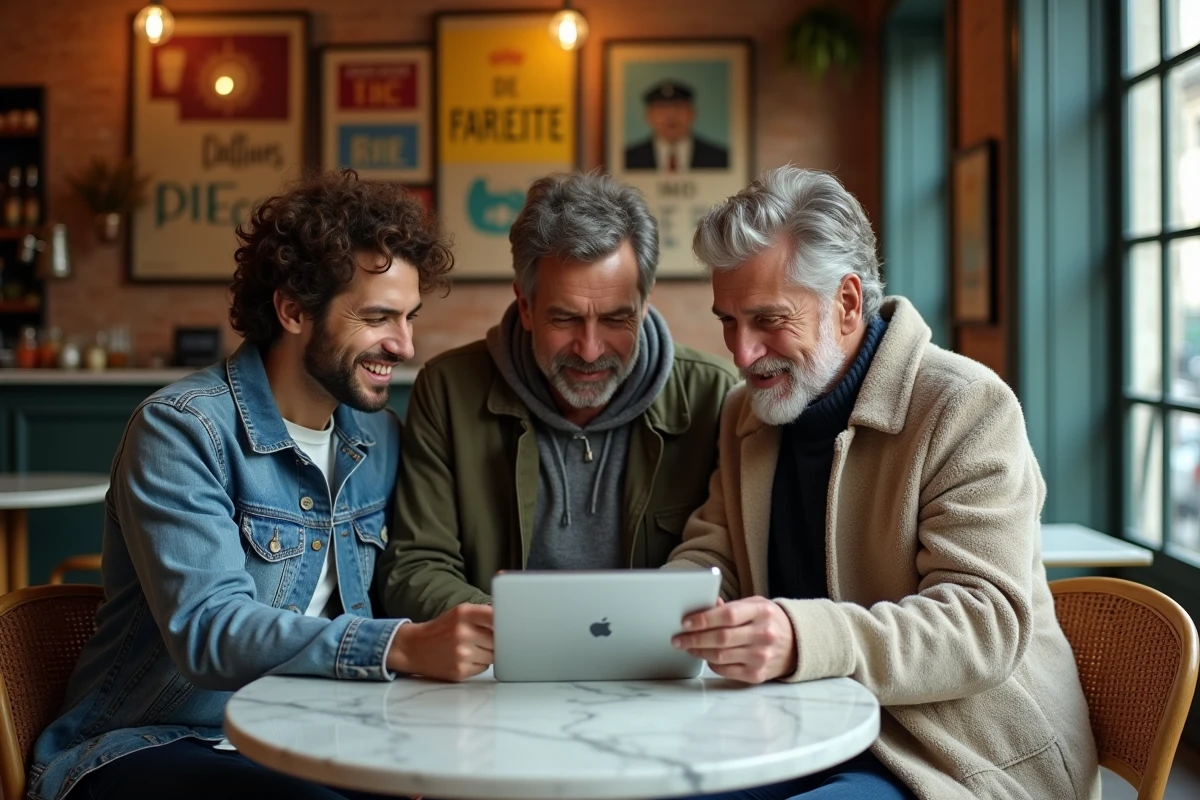 Groupe de citoyens discutant d'un quiz sur les valeurs politiques républicaines autour d'une tablette dans un café français traditionnel