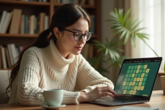 Jeune femme découvrant le jeu de mots Sutom sur son ordinateur portable à son bureau à domicile