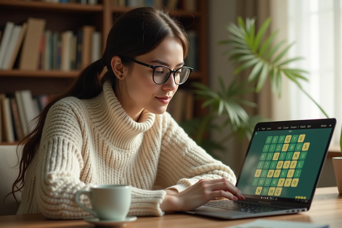Jeune femme découvrant le jeu de mots Sutom sur son ordinateur portable à son bureau à domicile