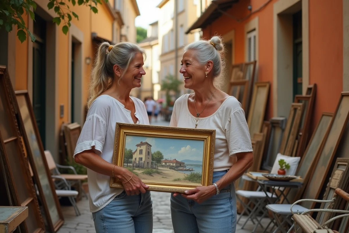 Deux femmes découvrent un tableau ancien lors d'une brocante en plein air dans une ruelle de Lot-et-Garonne