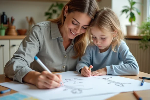 Mère et fille dessinant des dinosaures ensemble à la table de la cuisine un mercredi après-midi