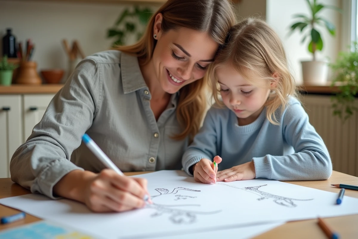 Mère et fille dessinant des dinosaures ensemble à la table de la cuisine un mercredi après-midi