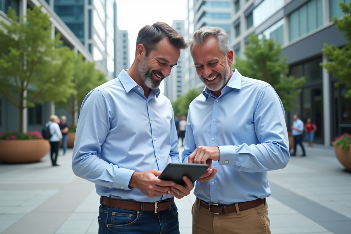 Deux hommes discutant avec une tablette en extérieur en ville