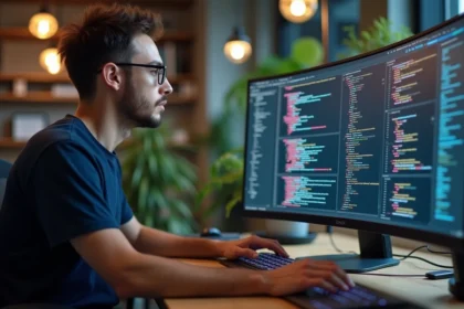 Jeune homme en jeans code sur ordinateur dans un bureau moderne