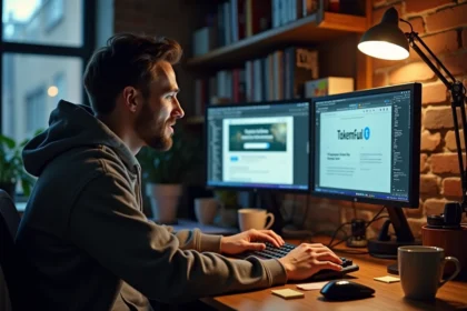 Développeur web assis devant ses écrans affichant des pages d'enregistrement de noms de domaine satiriques, illustrant le phénomène de détournement de domaine politique sur internet