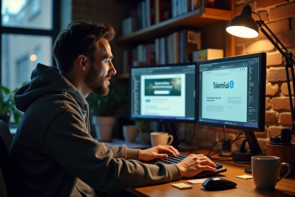 Développeur web assis devant ses écrans affichant des pages d'enregistrement de noms de domaine satiriques, illustrant le phénomène de détournement de domaine politique sur internet
