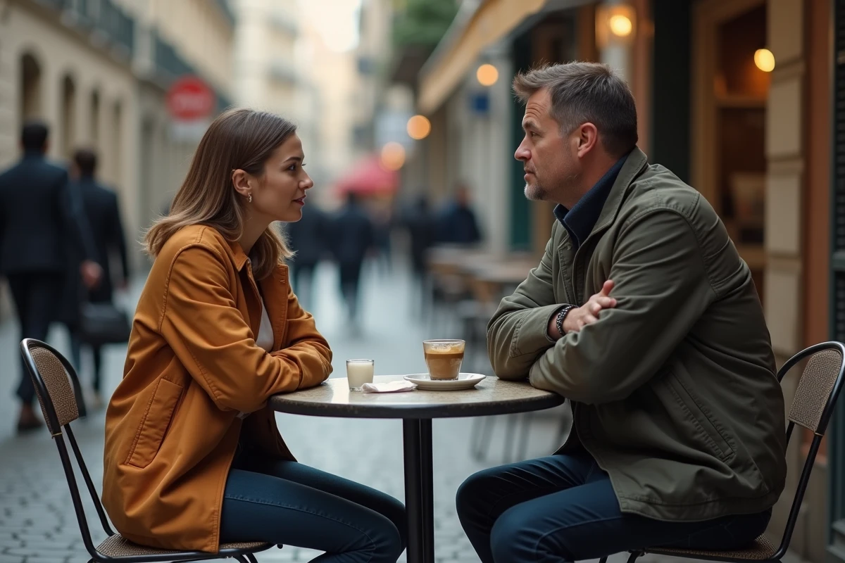 Couple à une terrasse de café en pleine conversation tendue, l'homme regardant ailleurs avec les bras croisés, illustrant l'effet dévastateur des mots courts mais blessants