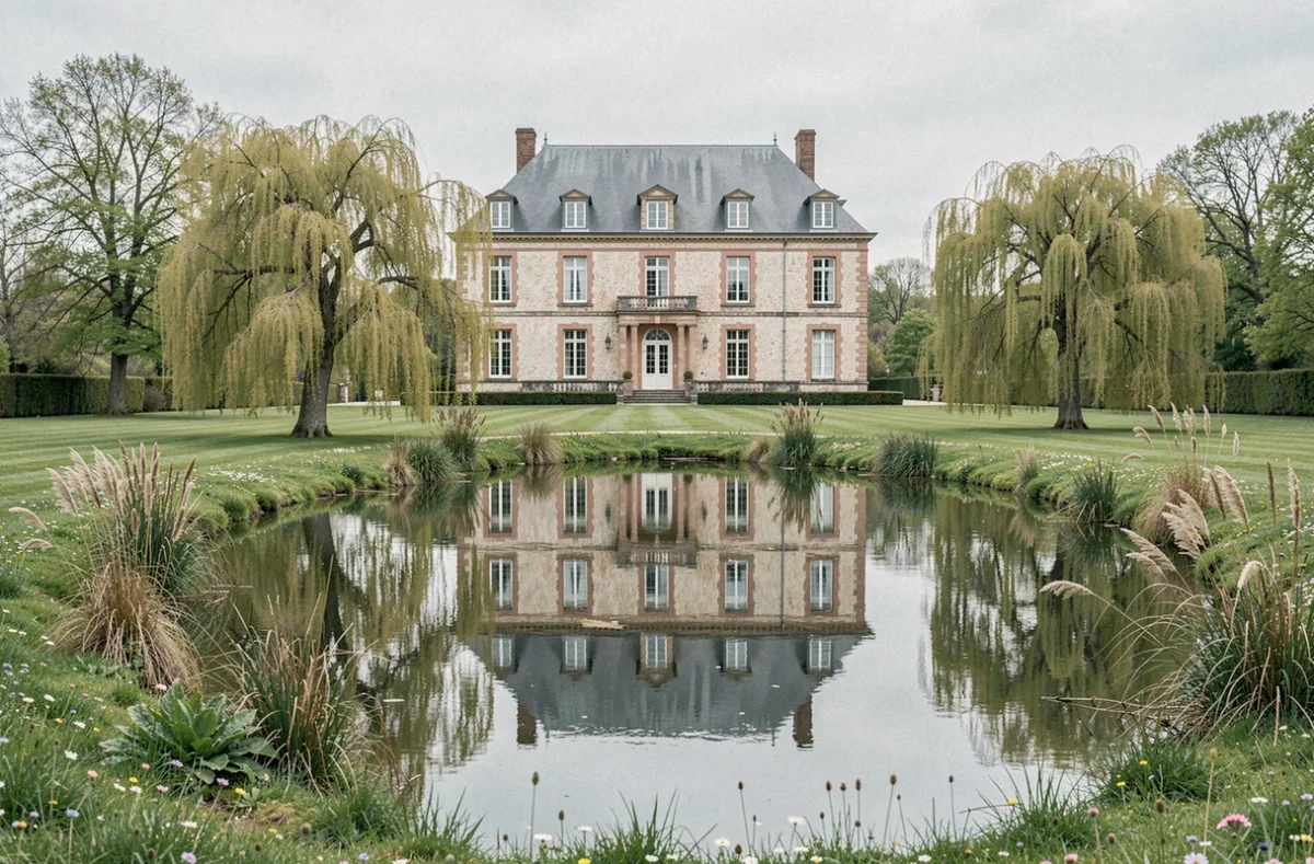 Domaine de la Butte Ronde avec son étang ornemental reflétant la façade du manoir dans un parc verdoyant des Yvelines
