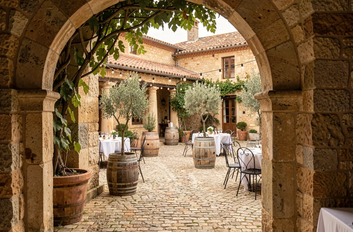 Cour intérieure du Domaine de Fragan décorée pour une réception avec arche en pierre et mobilier en fer forgé dans les Yvelines