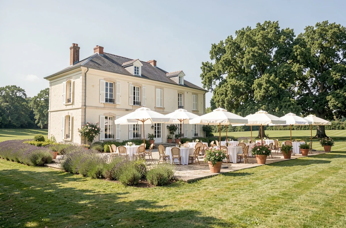 Manoir du Domaine de Joinville avec terrasse décorée pour une réception en plein air dans les Yvelines