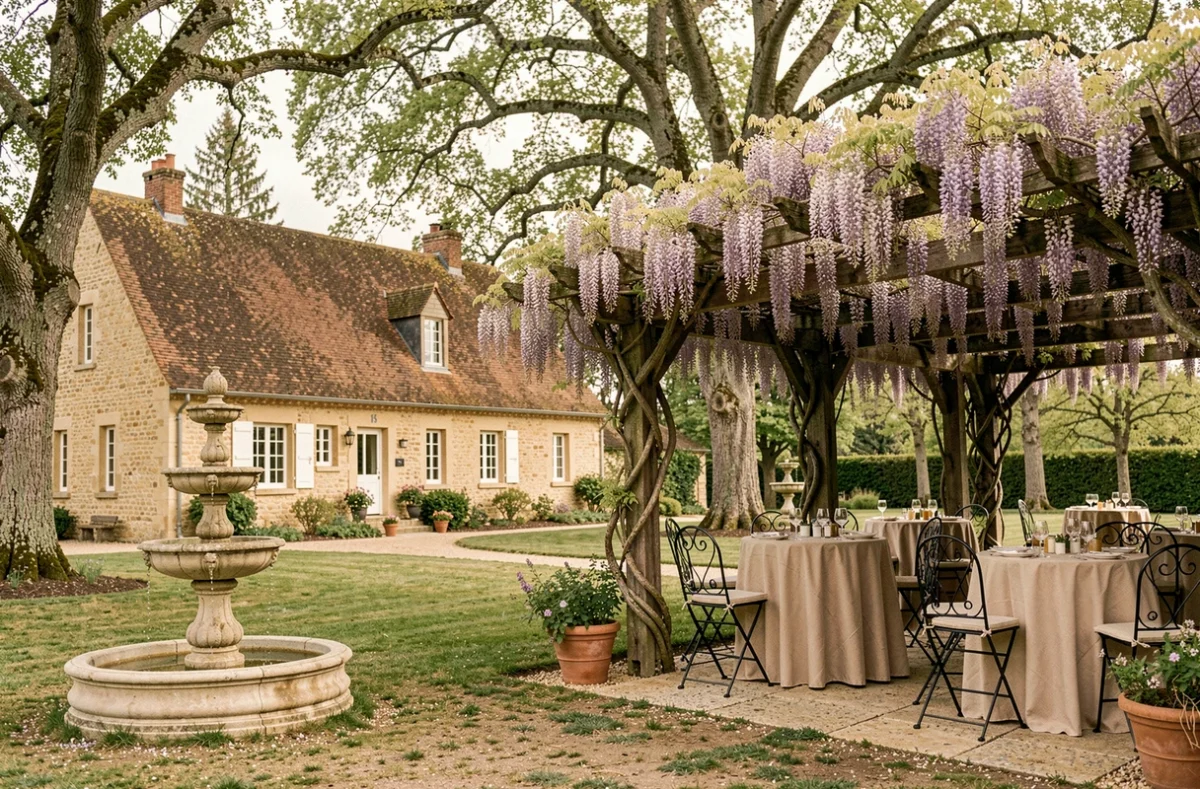 Domaine de la Cacharde dans les Yvelines avec sa longère en pierre et sa pergola fleurie de glycines pour une réception champêtre