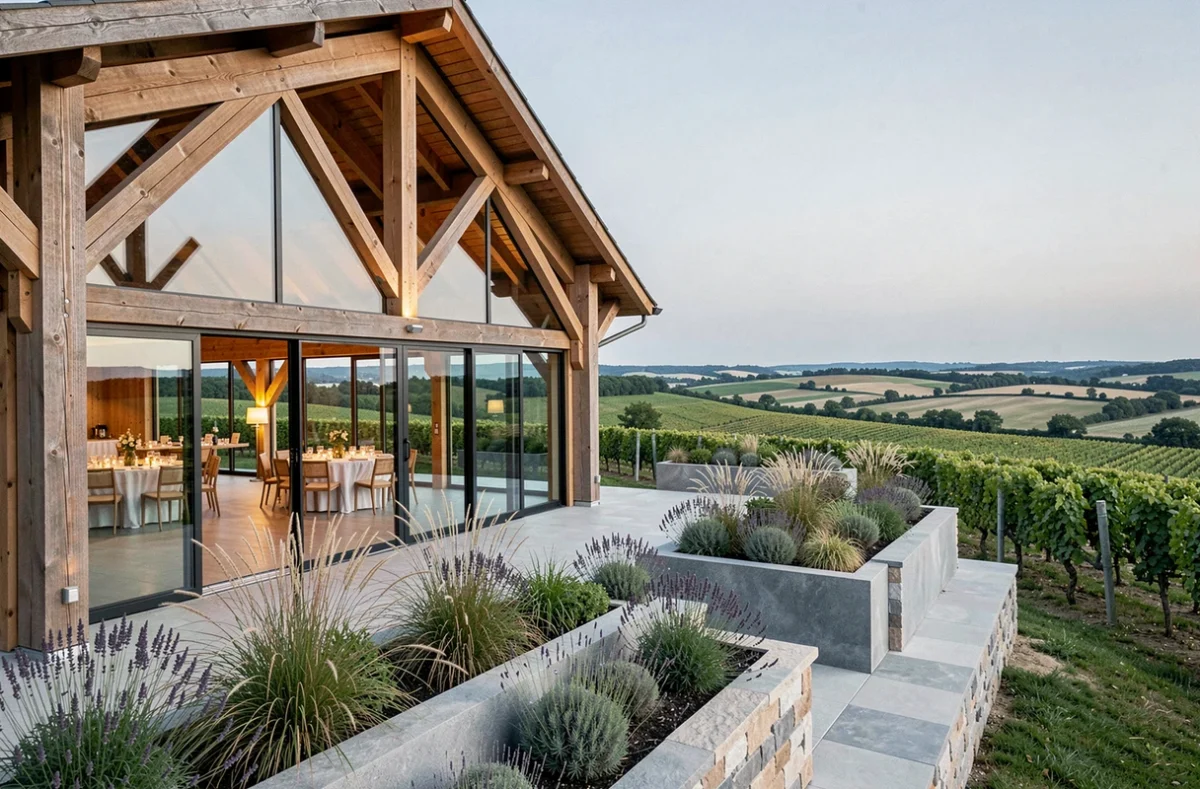 Domaine Les Hauts Grès dans les Yvelines avec sa grange contemporaine vitrée et sa terrasse panoramique sur les vignes
