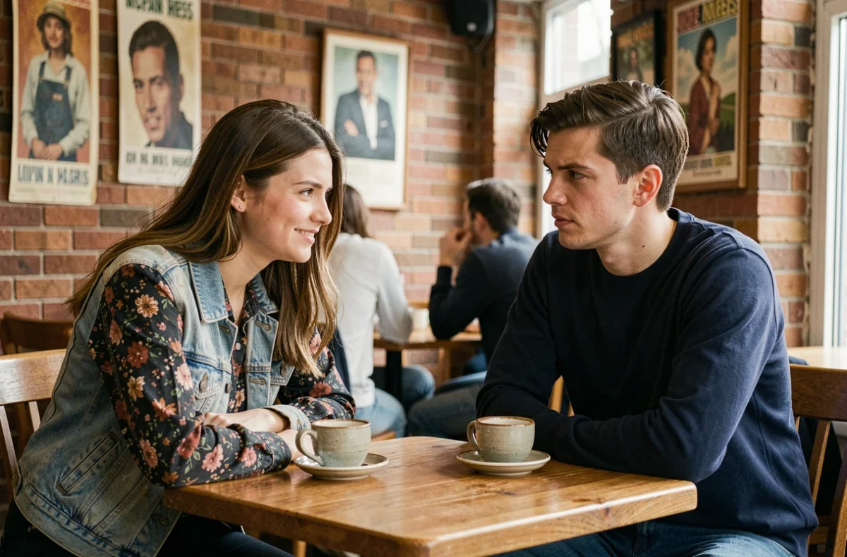 Deux jeunes amis dans un café parisien vivant un moment de tension émotionnelle typique d'un drama romantique