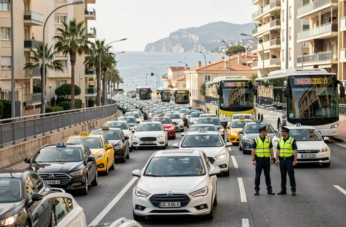 Embouteillage sur la route côtière de Cannes causé par une alerte à la bombe avec checkpoint de contrôle policier