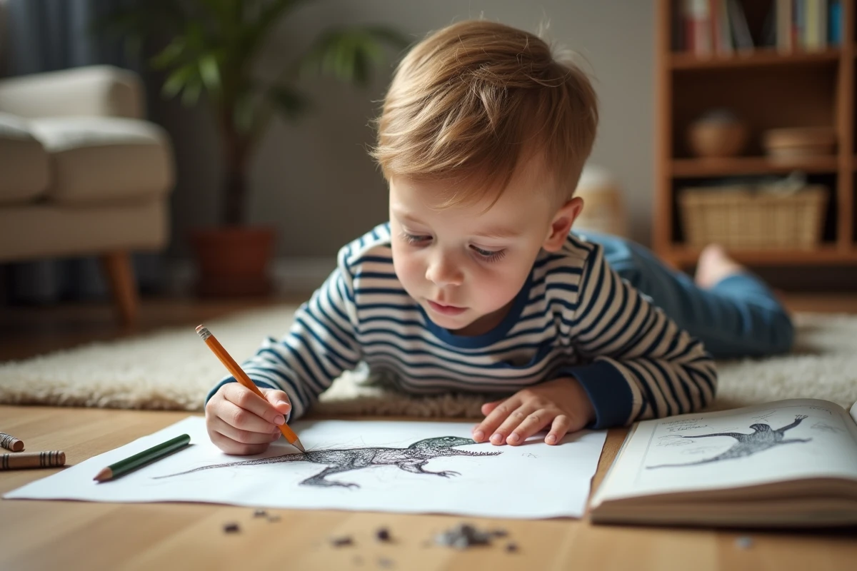 Enfant dessinant un tyrannosaure couché sur le sol du salon lors d'une activité calme du mercredi