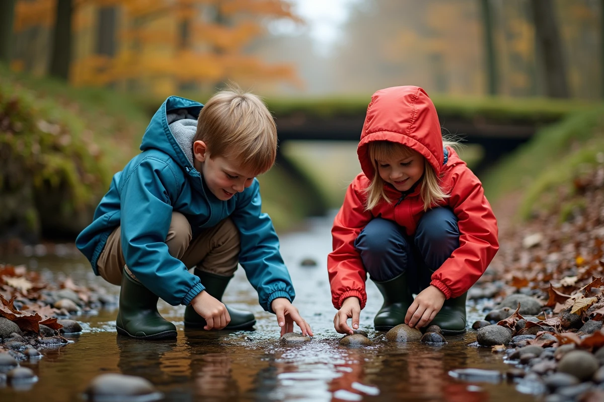 Deux enfants explorant un ruisseau en forêt alsacienne lors d'une sortie en plein air