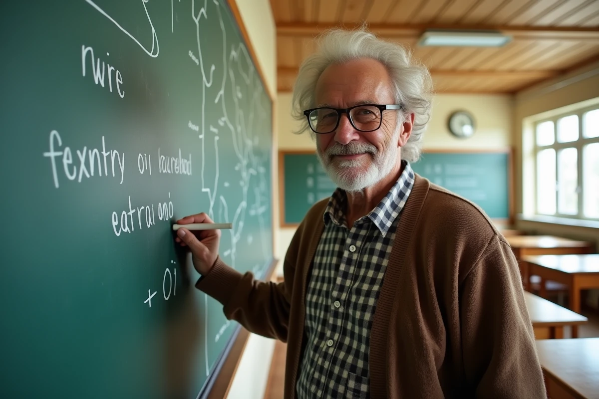 Enseignant écrivant un mot rare en français au tableau