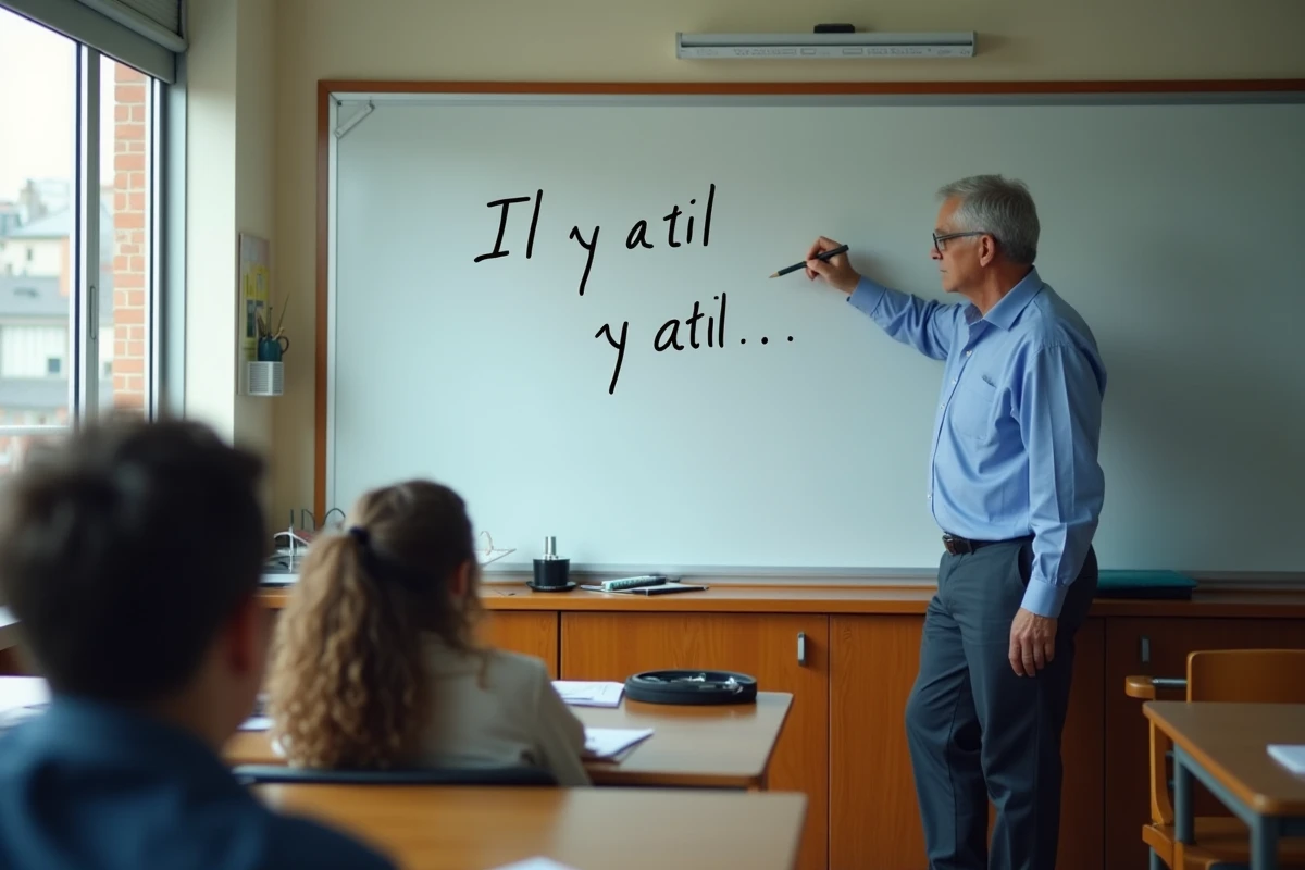 Professeur écrivant des phrases en français en classe