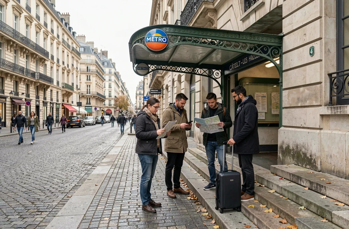 Entrée de station de métro parisienne ligne 14 avec des voyageurs consultant un plan de trajet