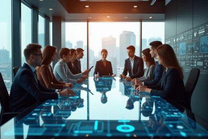 Groupe de professionnels collaborant autour d'une table tactile moderne