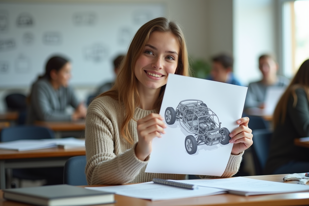 Étudiante en auto étudiant un diagramme technique dans une classe