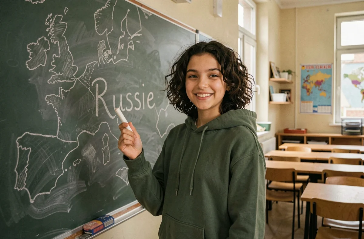 Jeune étudiante devant un tableau de classe avec des contours géographiques dessinés à la craie et le mot Russie, pays le plus grand du monde