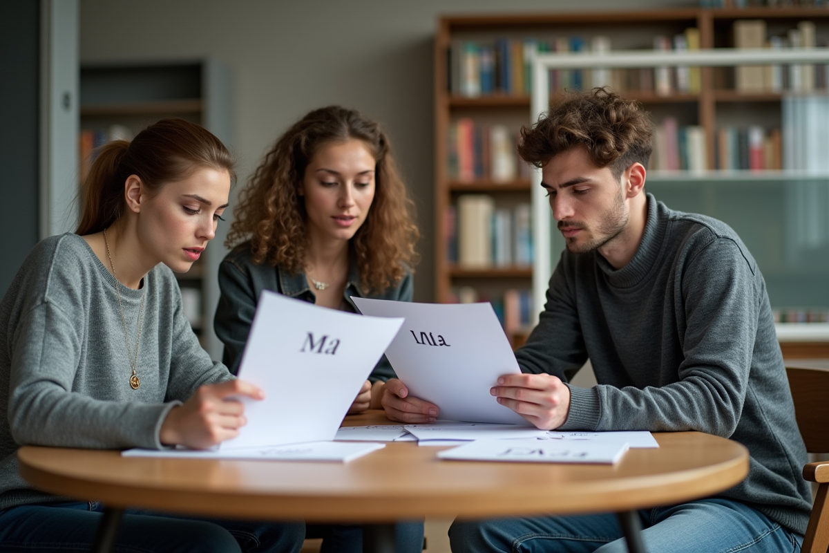 Trois étudiants universitaires discutent autour de documents M1 M2 M3