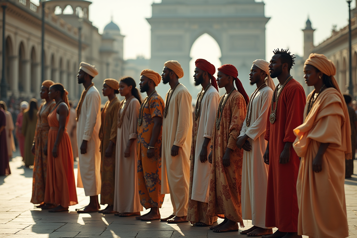 Groupe diversifié en vêtements traditionnels et modernes dans une place