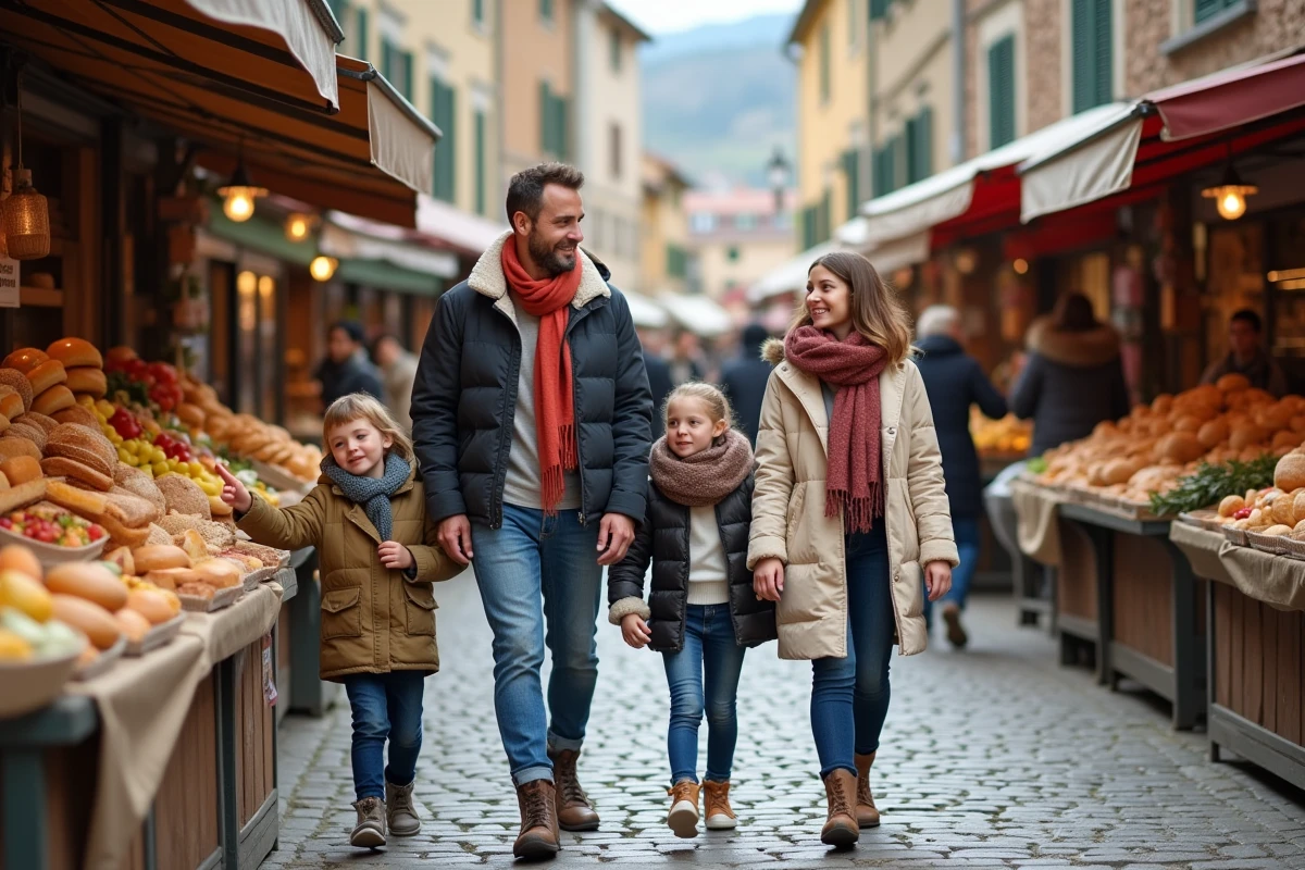 Famille heureuse dans un marché en Pyrenees en plein air